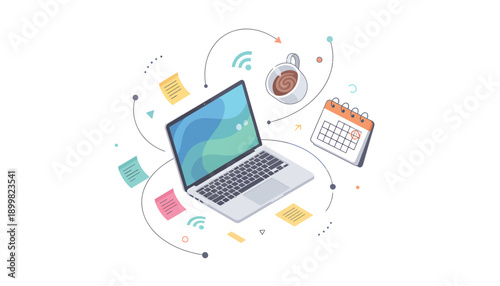 Digital Workspace Concept Seamless Remote Work and Online Productivity with Laptop, Calendar, and Coffee Cup Amidst Connectivity Signals for Efficient Business Management and Creative Tasks