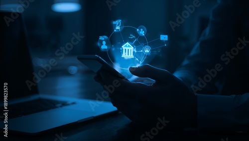 Person using smartphone with digital banking interface