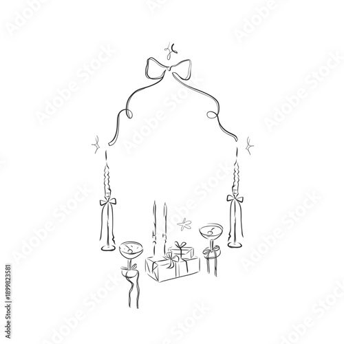 Hand drawn vector abstract outline,graphic,line vintage celebration ornament party frame in drawing elegant style.Elegant decoration vintage outline design isolated.Birthday,Christmas,Valentine frame.