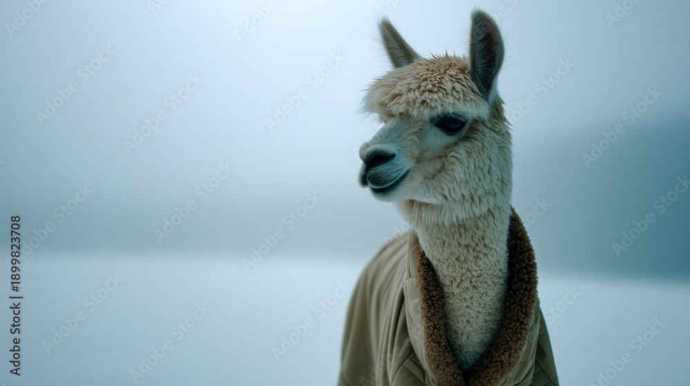 Naklejka premium Surreal alpaca minimalist coat pastel fog alpaca surreal minimalist coat pastel fog winter fashion landscape animal clothing standing calm soft winter fog frozen lake creating dreamy gentle