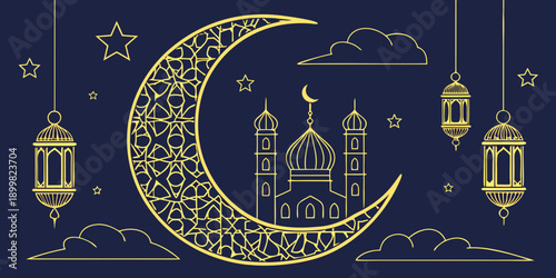 Ramadan Decorative Art with Crescent Moon, Mosque, and Lanterns in Gold on Navy Blue Background Design