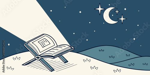 Moonlit Night with Open Book on Chair Under Starry Sky with Crescent Moon