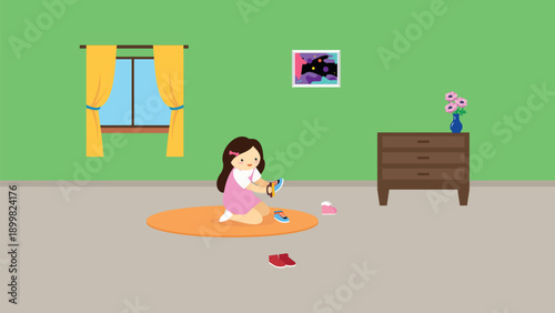 Illustration of a little girl playing with her toys in the room