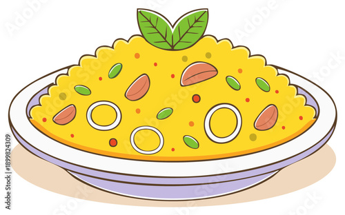 Delicious yellow rice dish with vegetables and garnish served in a bowl