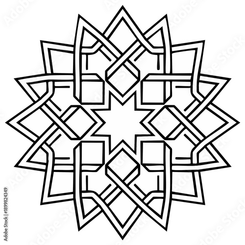 Intricate Geometric Star Pattern in Black and White, Ornamental Design.