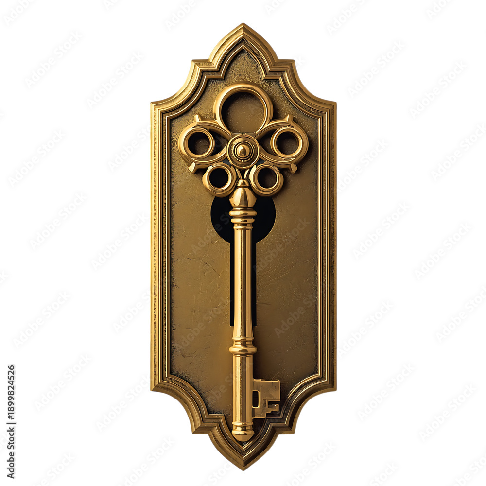 Obraz premium An ornate gold key on a decorative plate against a solid black background on transparent background