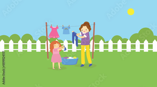 Mother and daughter washing clothes in the backyard. Vector illustration in flat style