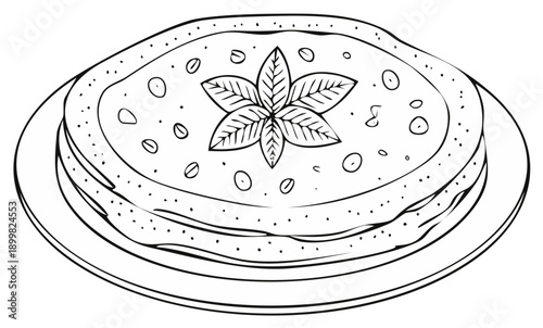 Line art illustration of a delectable layered dish garnished with elegant leaves and dots