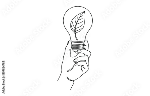 Light bulb with leaf in hand inside in one line drawing.