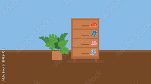 Cabinet with clothes on the table. Vector illustration in flat style
