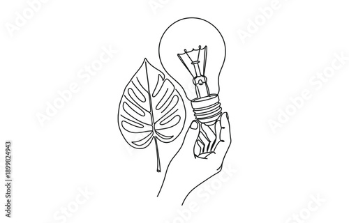 Light bulb with leaf in hand inside in one line drawing.
