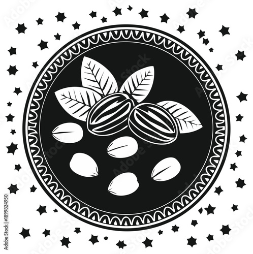 Elegant Black and White Illustration of Nutmeg Seeds and Leaves in a Decorative Circle