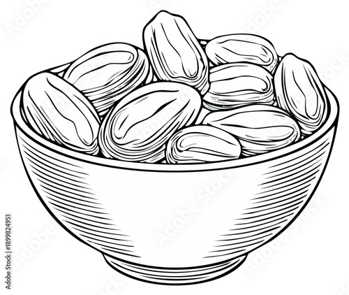 Bowl of dates, vintage style illustration, healthy fruit snack, dessert food