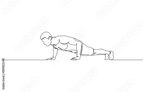 Continuous line drawing of sporty man training push up work out.