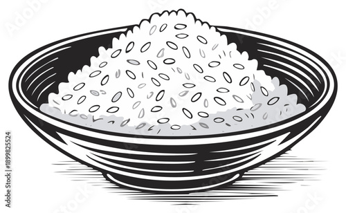 Bowl of freshly cooked white rice, graphic style illustration