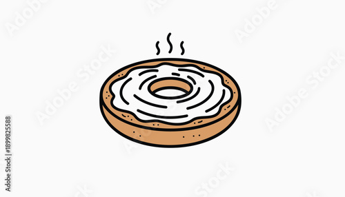 Vector illustration of a toasted donut with white frosting and steam, for bakery or dessert menu