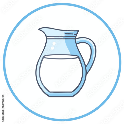 Simple graphic illustration of a cartoon style glass pitcher containing fresh milk or water beverage inside a blue circular frame