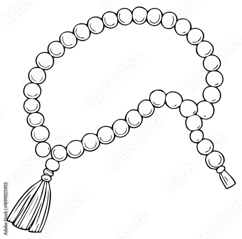 Black and white line art of Islamic tasbih or rosary prayer beads with a tassel