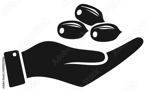 Open hand holding three date fruits, simple vector icon for food, harvest, and agriculture