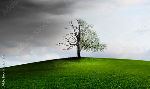Klimawandel dargestellt an einem kahlen Baum  und an einem Blütenbaum