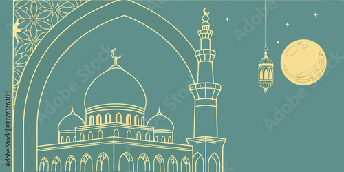 Islamic Architecture Illustration with Moon and Lanterns in Teal Background