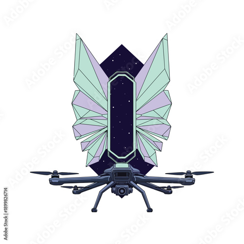Sci-Fi Drone with Geometric Crystal Wings, Cosmic Portal Frame. Vector Art, Technology, and Mystical Exploration Concept.
