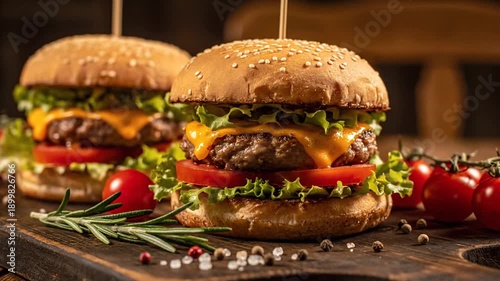 Two delicious cheeseburgers with fresh lettuce and tomatoes on a wooden board