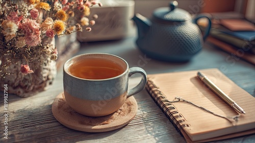 A cup of tea with flowers and a notepad on a wooden table sunlight