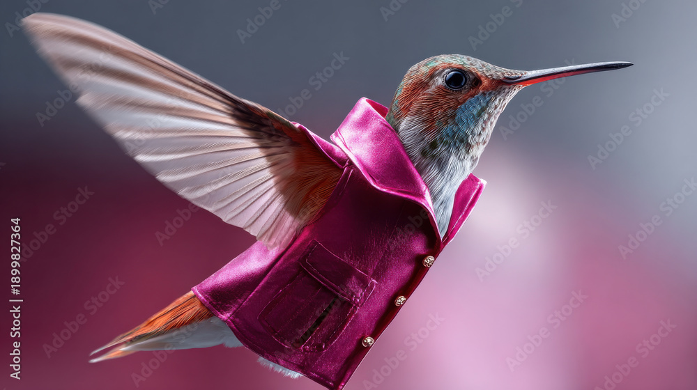Fototapeta premium Hummingbird pink jacket flying bird surreal animal fashion concept luxury coat colorful feather fantasy art midair motion studio lighting joyful hummingbird wearing glossy pink jacket flies
