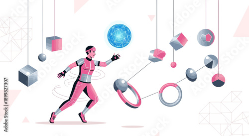 Futuristic augmented reality sports athlete navigating geometric shapes in a digital realm