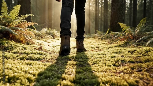 Person walking through a sunlit forest floor covered in moss and ferns.
