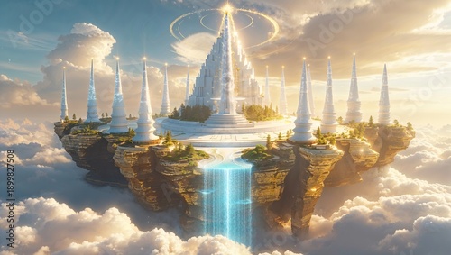 Fantasy scene with white heaven city with golden temples and energy waterfalls, floating above the sky. The realm of Gods	

