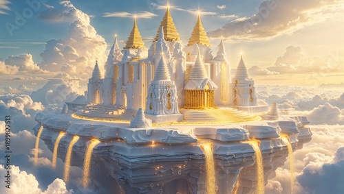 Fantasy scene with white heaven city with golden temples and energy waterfalls, floating above the sky. The realm of Gods	
