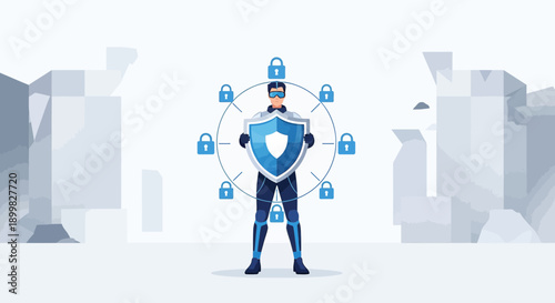 Futuristic cybersecurity guardian with protective shield ensures digital safety and privacy in a