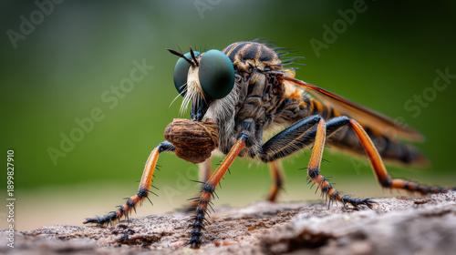 macro view of robber fly capturing its prey