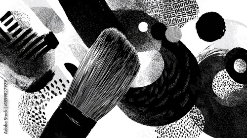 Abstract artwork featuring brush with geometric shapes and textures in grayscale