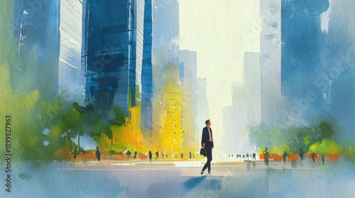Abstract artwork of a person walking in a city landscape