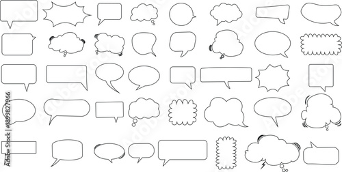 Speech and thought bubble icon set in flat and outline style, chat dialogue, comic talk balloons collection, black monochrome vector illustration isolated on transparent background