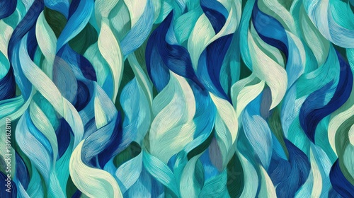 Abstract artwork of flowing shapes in shades of blue and green