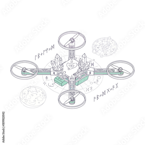 Futuristic Drone Carrying Magic Crystals. Outline Isometric Illustration with Runes and Astrological Symbols.