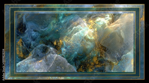 Abstract artwork of swirling colors and textures within a decorative frame