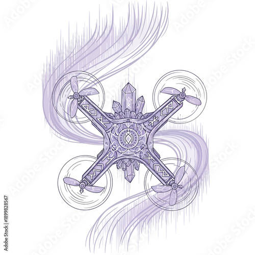 Fantasy Magic Drone with Glowing Crystals, Viking Runes, and Ethereal Lines. Mystical Tech Quadcopter Illustration.