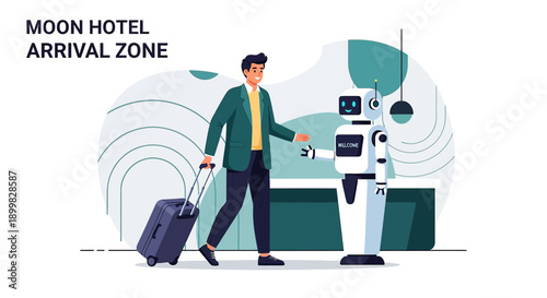 Futuristic hotel experience: Human guest greeted by friendly robot concierge arrival