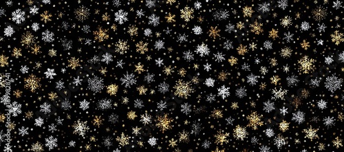 Abstract background of golden and silver snowflakes on black festive design