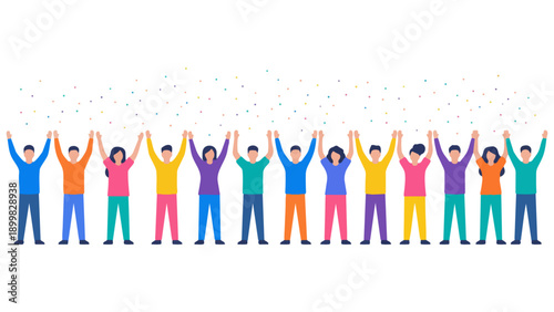 目標を達成し、ひらひらと舞う紙吹雪の中でバンザイ歓喜する多様なビジネスチームのイラストです。仲間と肩を組み、笑顔で勝利を分かち合う様子は、組織の強固な結束と明るい未来への希望を表現しています。企業の記念イベントや求人広告などで、前向きな活力を伝えます。