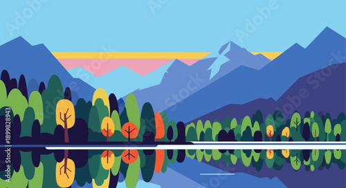 Serene lake surrounded by lush trees and majestic mountains at dusk.