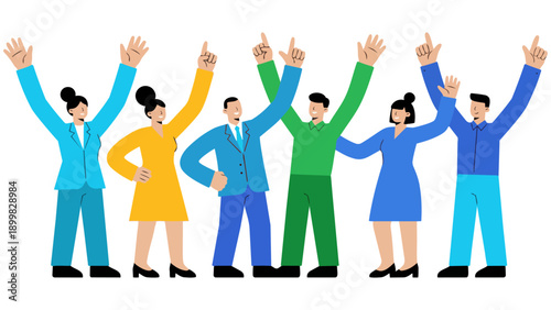 目標を達成し、ひらひらと舞う紙吹雪の中でバンザイ歓喜する多様なビジネスチームのイラストです。仲間と肩を組み、笑顔で勝利を分かち合う様子は、組織の強固な結束と明るい未来への希望を表現しています。企業の記念イベントや求人広告などで、前向きな活力を伝えます。