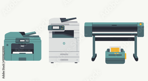 Vector illustration of various office printers and plotters.