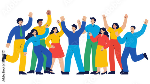 目標を達成し、ひらひらと舞う紙吹雪の中でバンザイ歓喜する多様なビジネスチームのイラストです。仲間と肩を組み、笑顔で勝利を分かち合う様子は、組織の強固な結束と明るい未来への希望を表現しています。企業の記念イベントや求人広告などで、前向きな活力を伝えます。