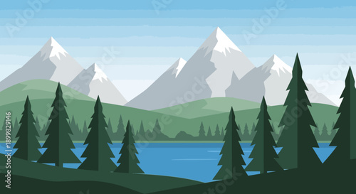 Serene mountain landscape with lake and pine trees.